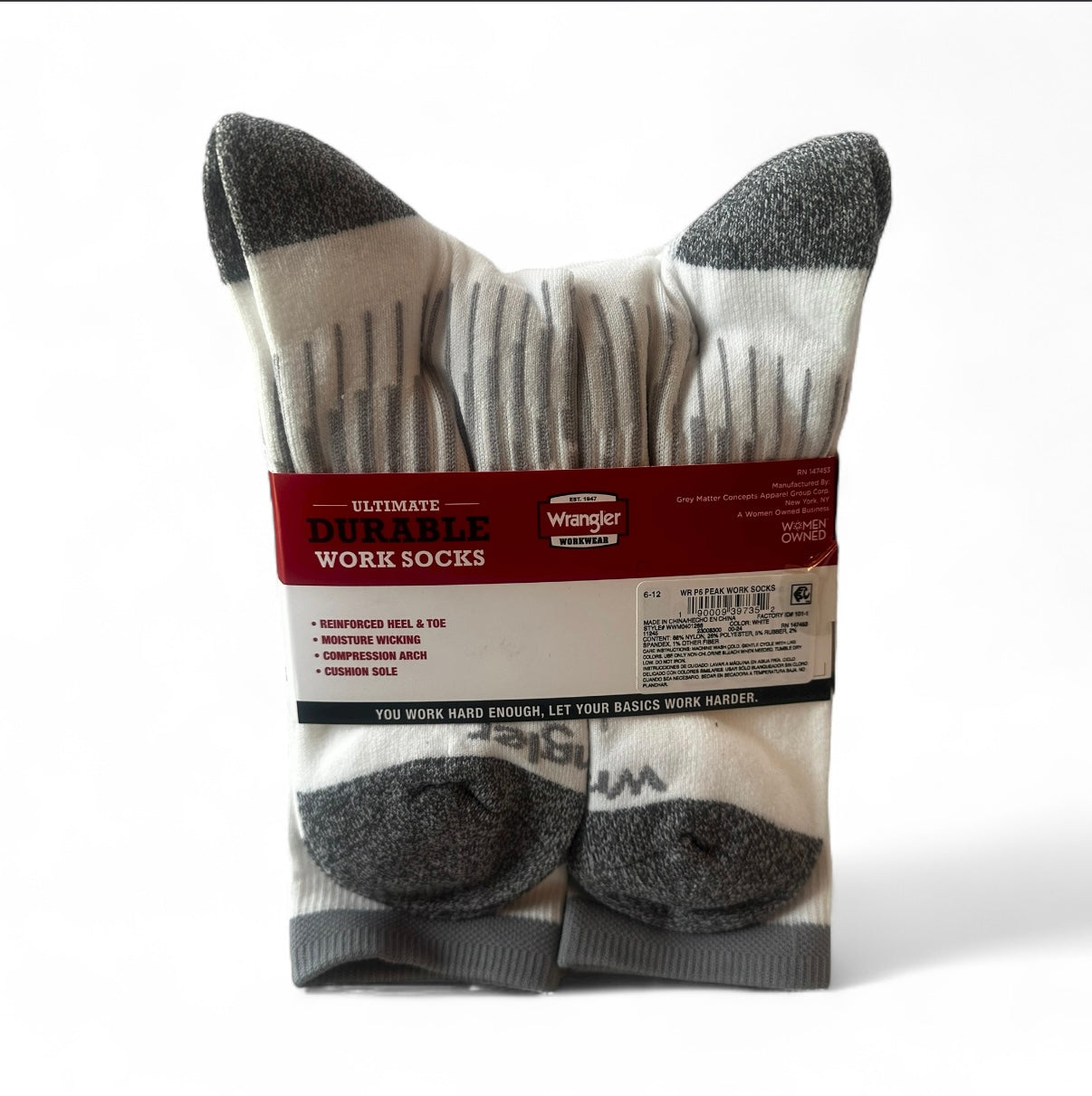 Wrangler Men’s Ultimate Durable Crew Work Socks – 6 Pack, White