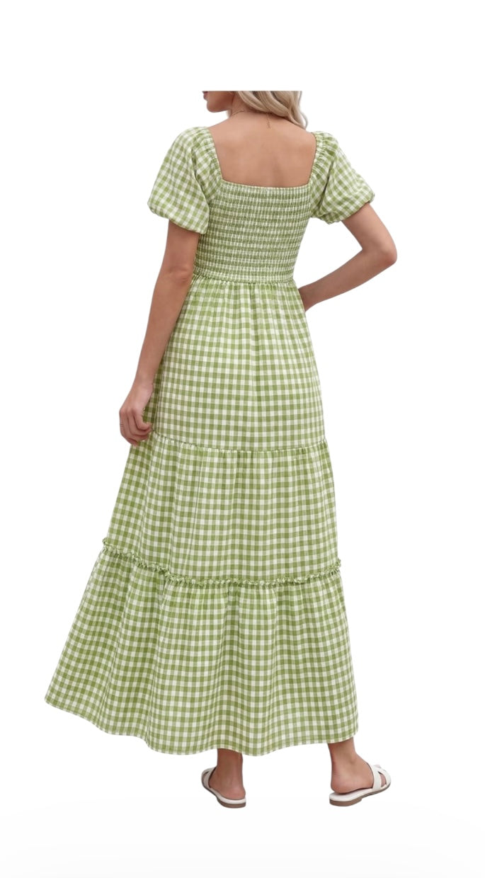 Pretty Garden Women’s Gingham Short Puff Sleeve Maxi Dress