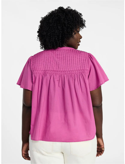 Terra & Sky Women’s Pleated Yoke Top with Short Flutter Sleeves