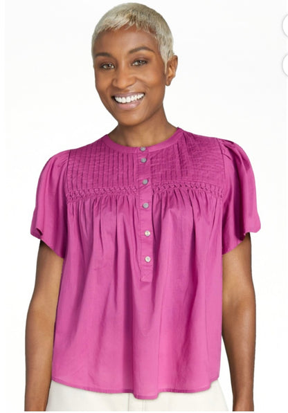 Terra & Sky Women’s Pleated Yoke Top with Short Flutter Sleeves
