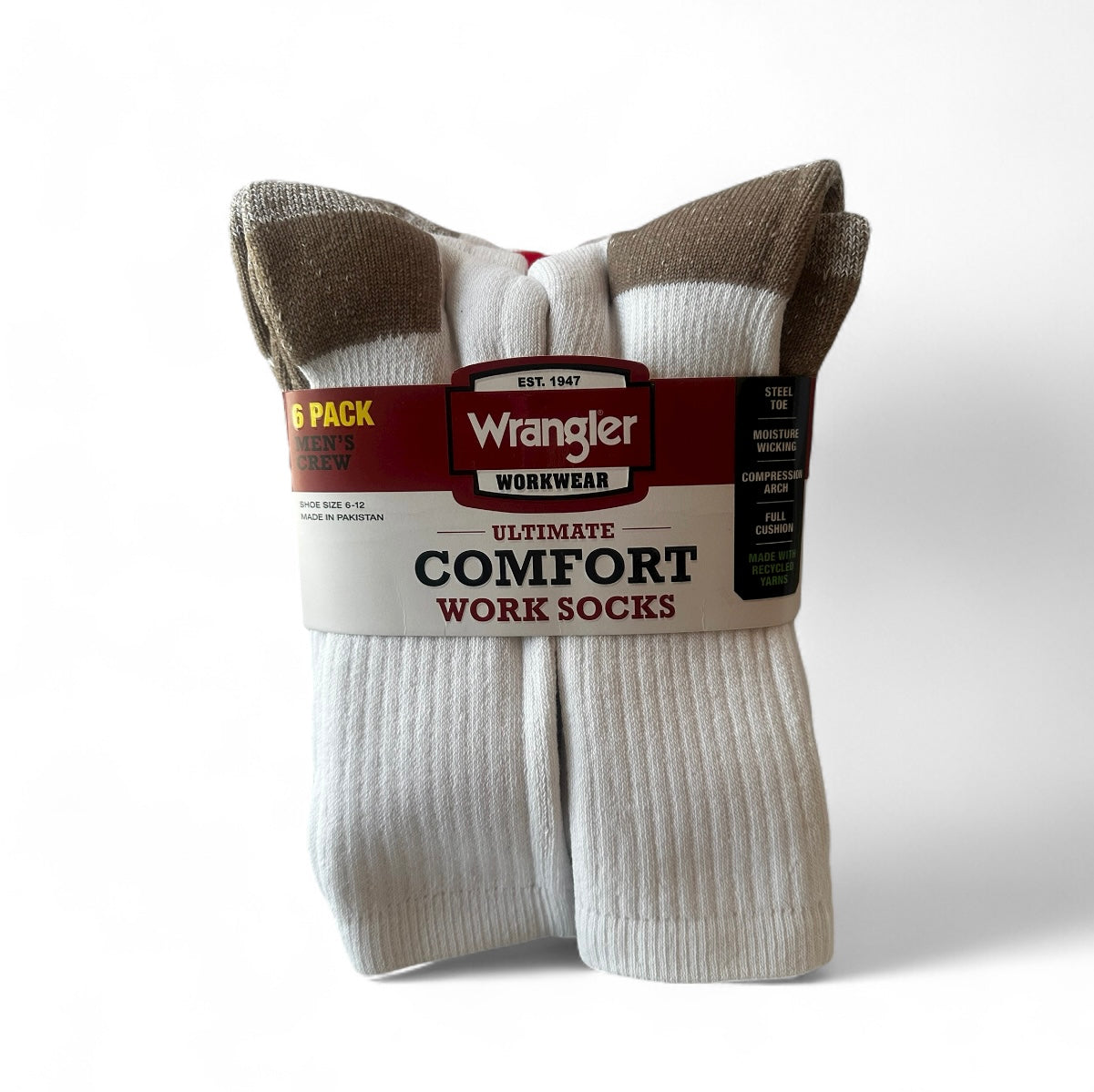 Wrangler Men’s Ultimate Comfort Crew Work Socks – 6 Pack, White