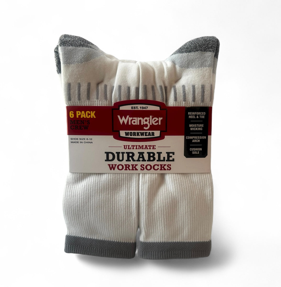 Wrangler Men’s Ultimate Durable Crew Work Socks – 6 Pack, White