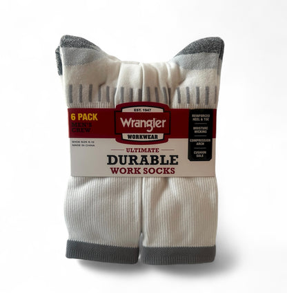 Wrangler Men’s Ultimate Durable Crew Work Socks – 6 Pack, White