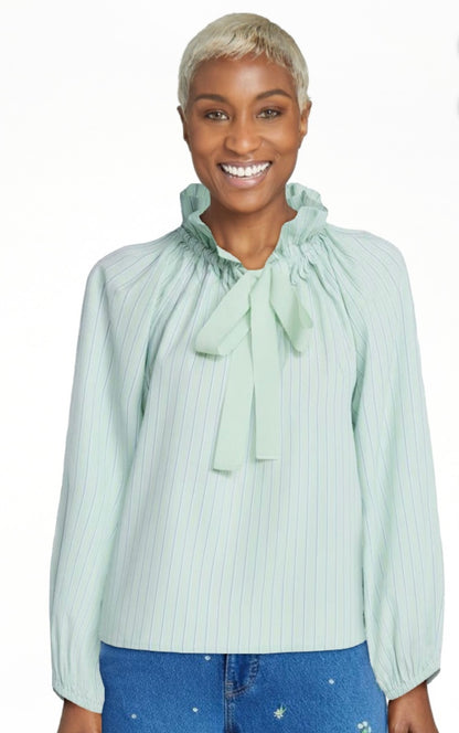 Free Assembly Women's Ruffle Tie Neck Cotton Top with Long Puff Sleeves