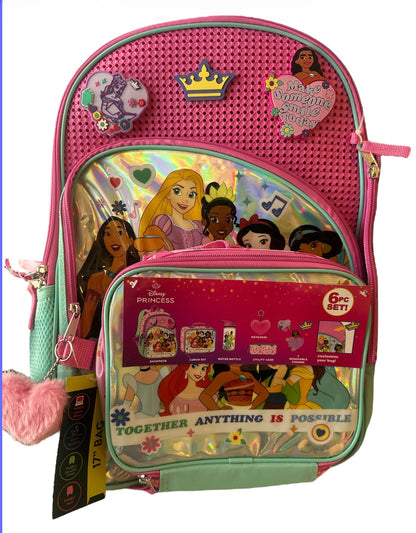 Disney Princess Girls Customizable Charm 17″ 6‑Piece Backpack Set – Light Pink
