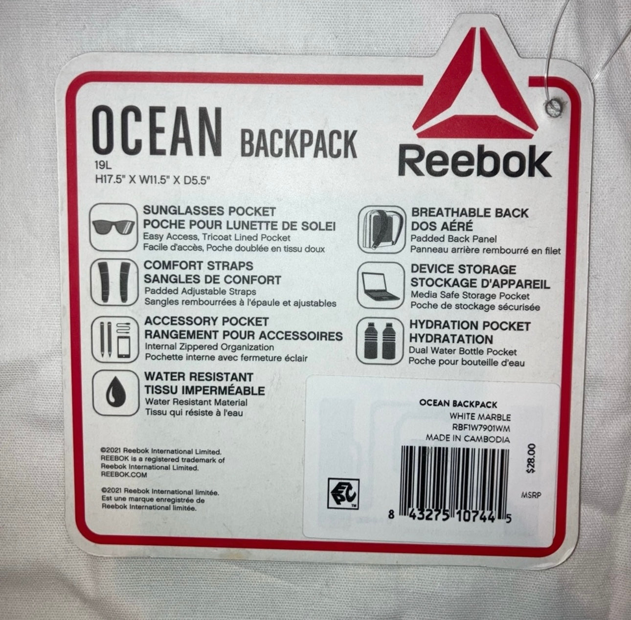 Reebok Ocean Backpack Sports Bag White Marble