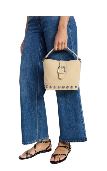 No Boundaries Studded Faux Suede Bucket Bag Beige Crossbody