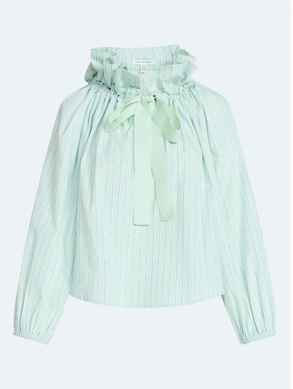 Free Assembly Women's Ruffle Tie Neck Cotton Top with Long Puff Sleeves
