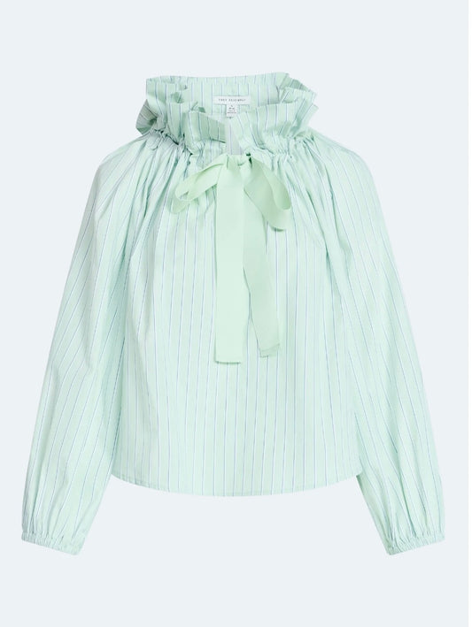 Free Assembly Women's Ruffle Tie Neck Cotton Top with Long Puff Sleeves