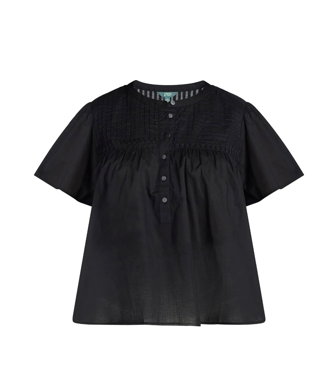 Terra & Sky Women’s Pleated Yoke Top with Short Flutter Sleeves