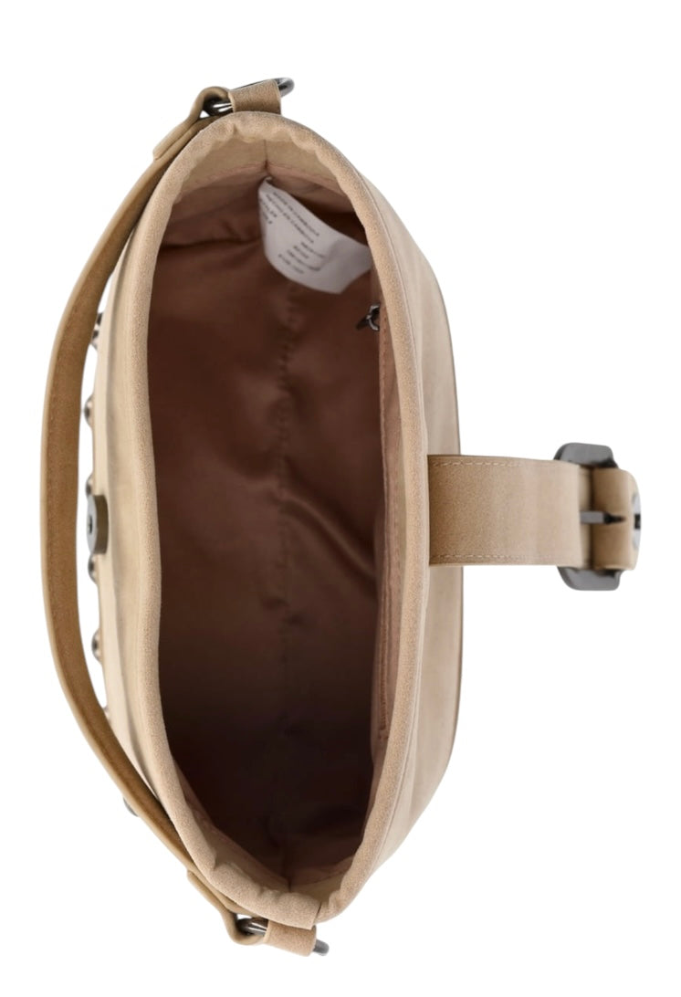 No Boundaries Studded Faux Suede Bucket Bag Beige Crossbody