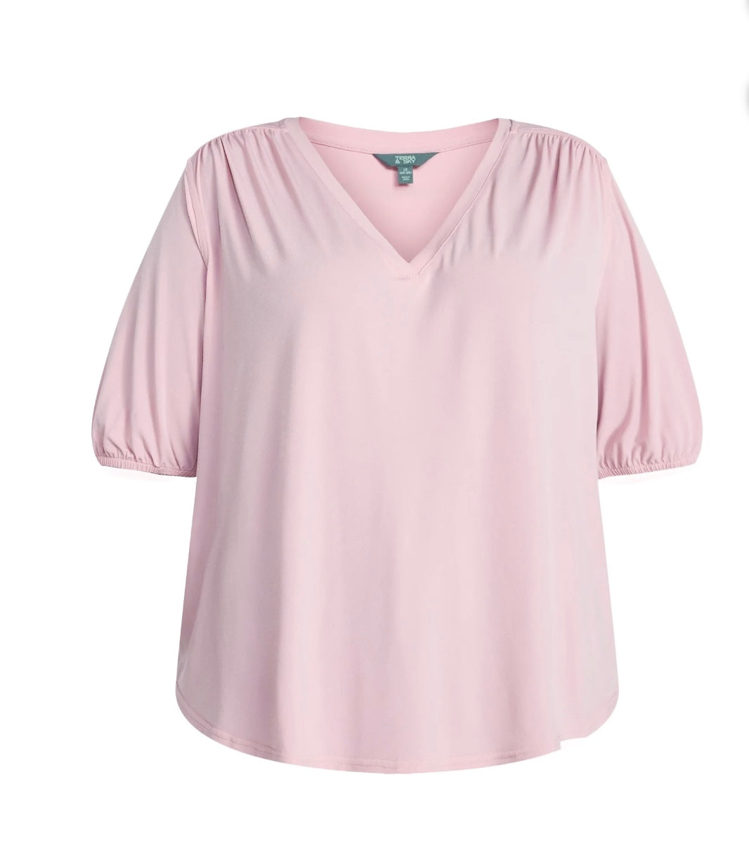 Terra & Sky Women's Plus Size V Neck Tee with Elbow Sleeves