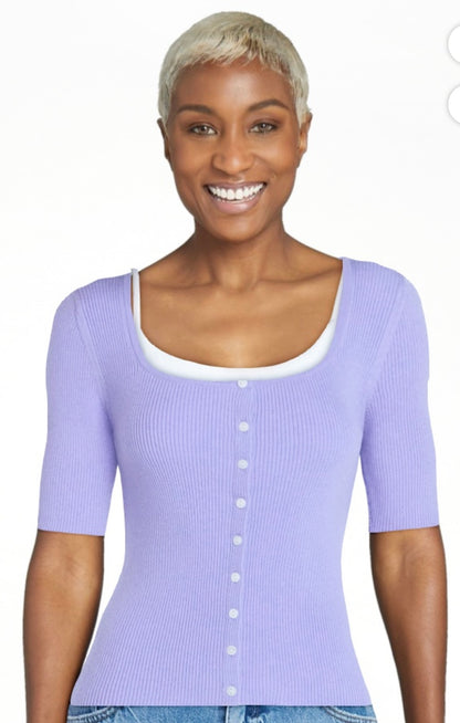 Scoop Women's Square Neckline Cardigan Sweater with Short Sleeves, Lightweight