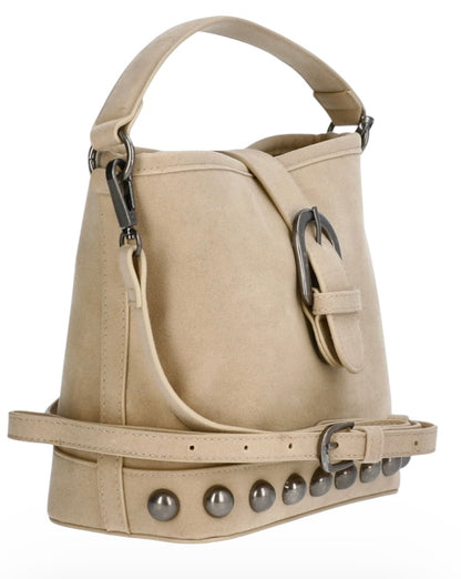 No Boundaries Studded Faux Suede Bucket Bag Beige Crossbody
