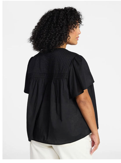 Terra & Sky Women’s Pleated Yoke Top with Short Flutter Sleeves
