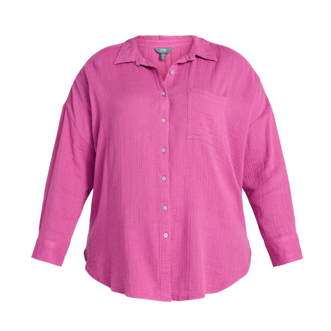 Terra & Sky Women's Plus Size Double Cloth Boyfriend Shirt, Size 0x