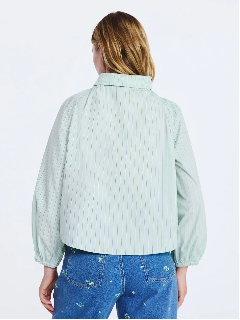 Free Assembly Women's Ruffle Tie Neck Cotton Top with Long Puff Sleeves