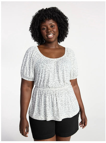 Terra & Sky Women's Peplum Top with Short Puff Sleeves
