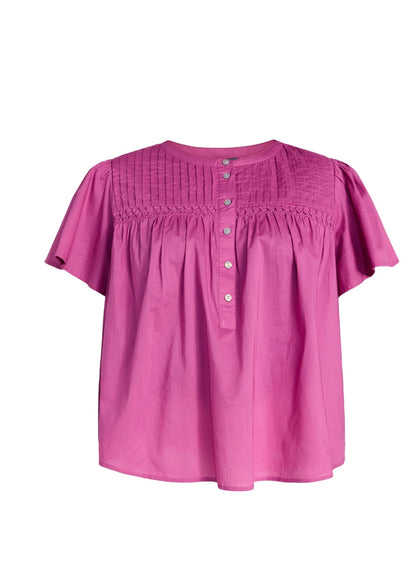Terra & Sky Women’s Pleated Yoke Top with Short Flutter Sleeves