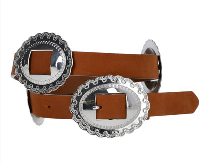Kacey Lee Women's Leather Belt Decorative Silver Conchos Western