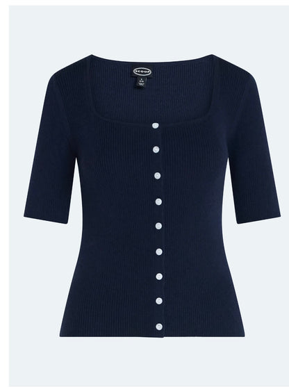 Scoop Women's Square Neckline Cardigan Sweater with Short Sleeves, Lightweight
