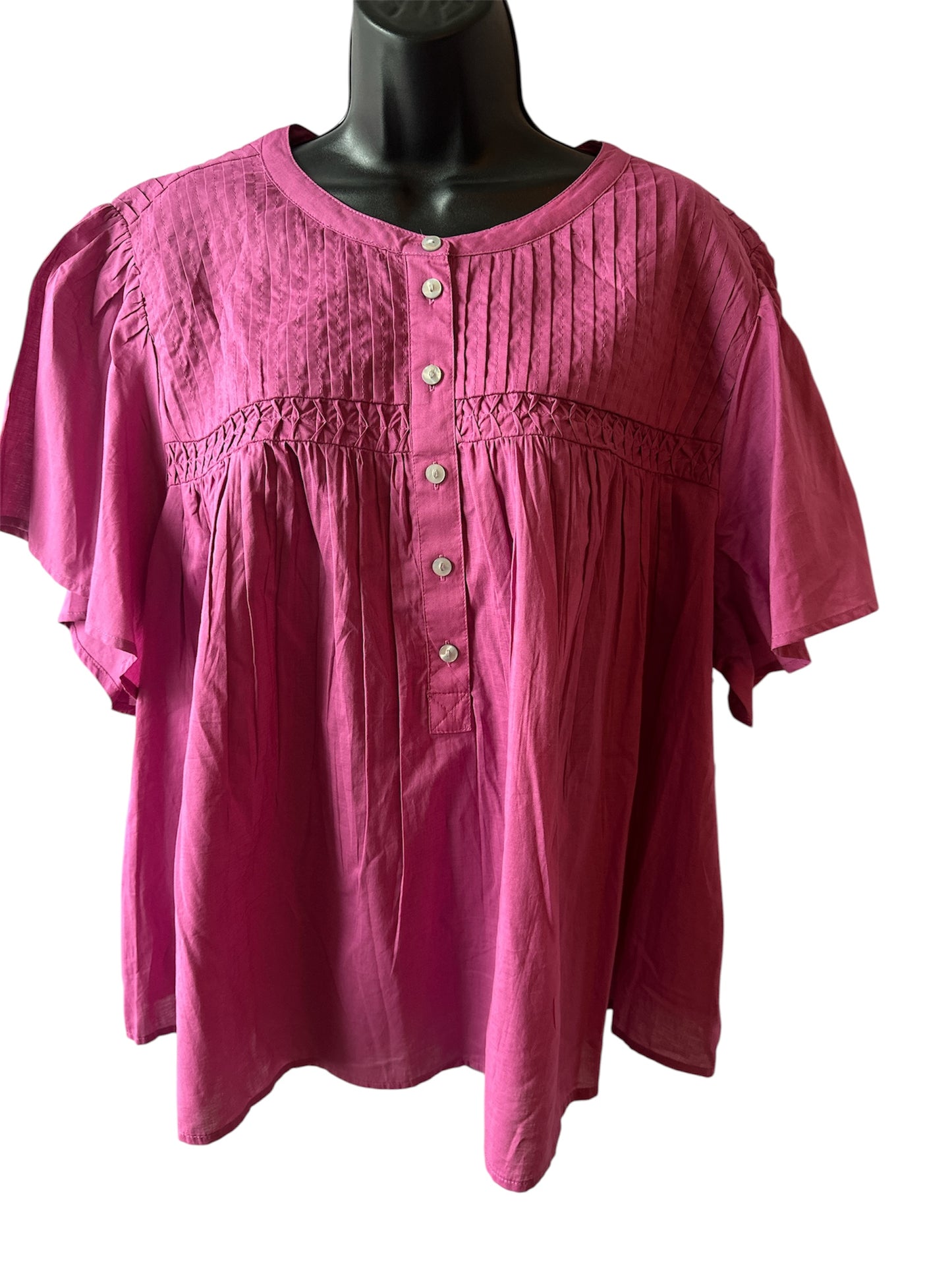 Terra & Sky Women’s Pleated Yoke Top with Short Flutter Sleeves