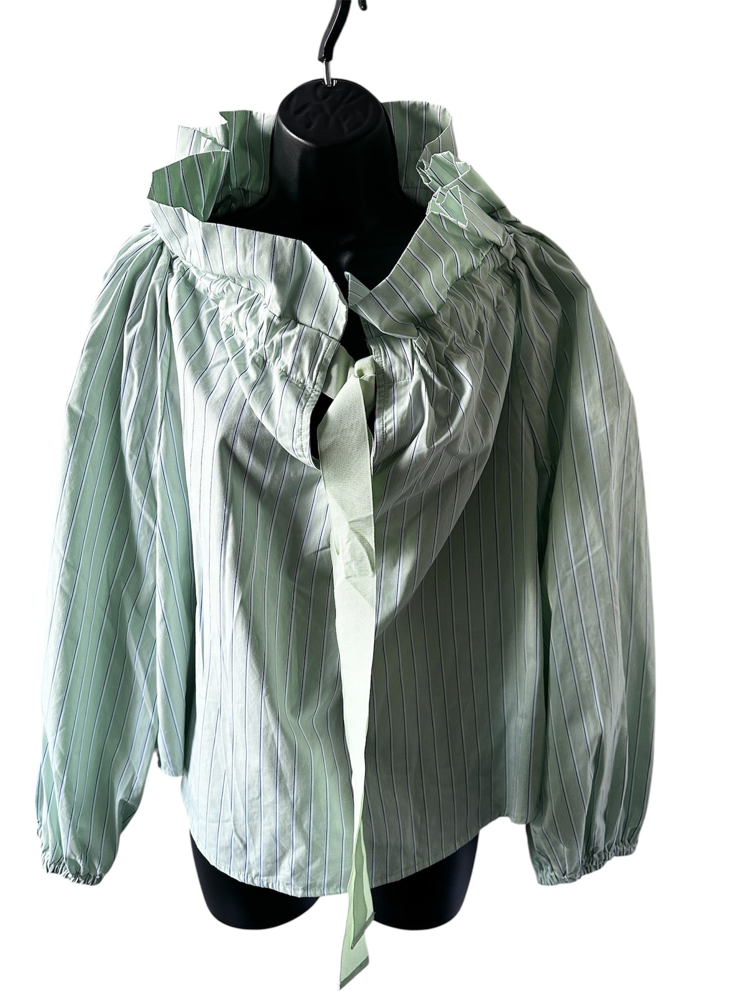 Free Assembly Women's Ruffle Tie Neck Cotton Top with Long Puff Sleeves