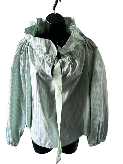 Free Assembly Women's Ruffle Tie Neck Cotton Top with Long Puff Sleeves