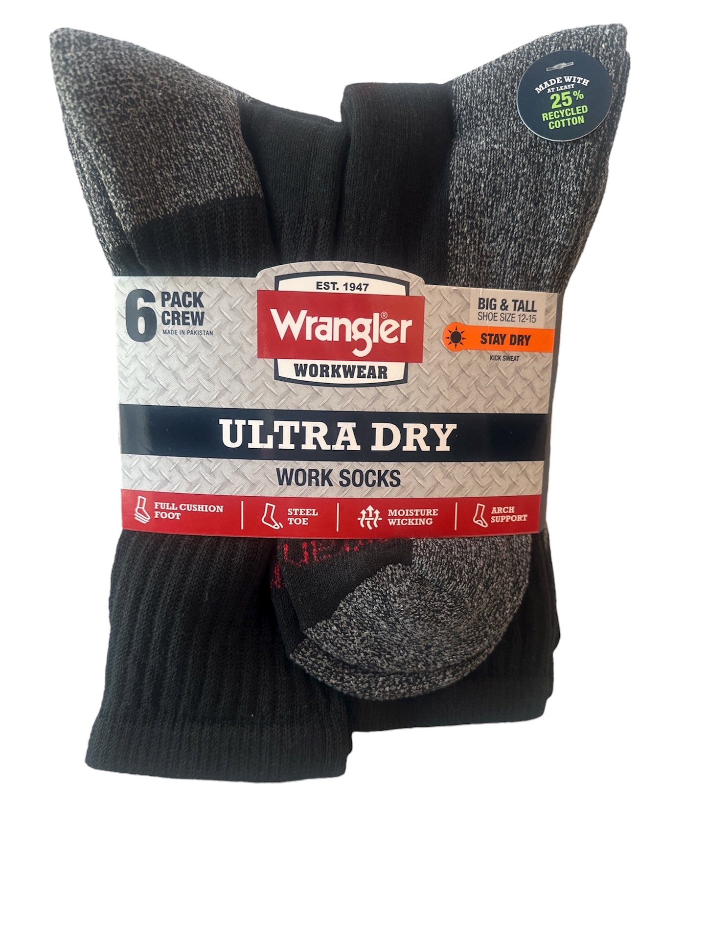 Wrangler Men’s Cushion Crew Socks – 6 Pack, Black