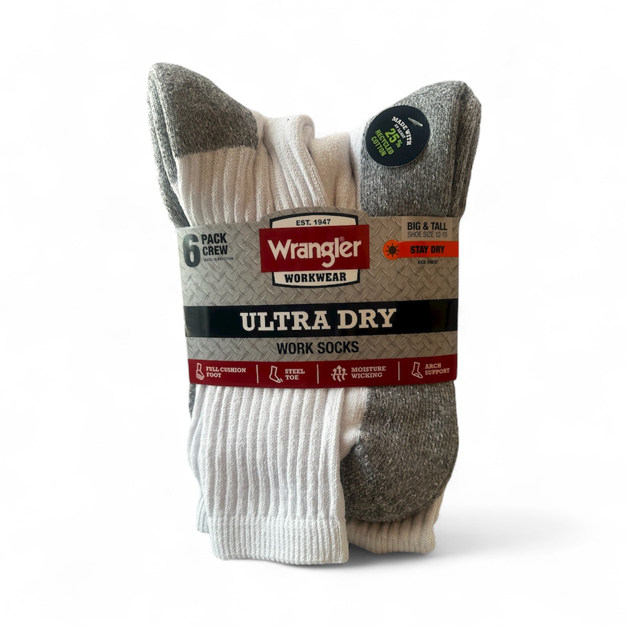 Wrangler Men’s Cushion Crew Socks – 6 Pack, Black