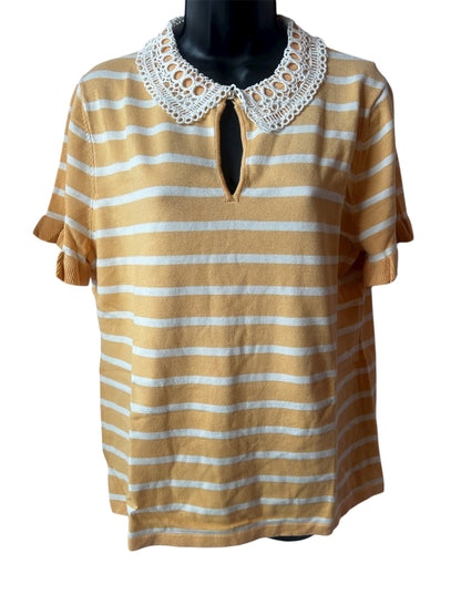 Karl Lagerfeld Paris Women’s Striped Knit Top with Crochet Lace Collar